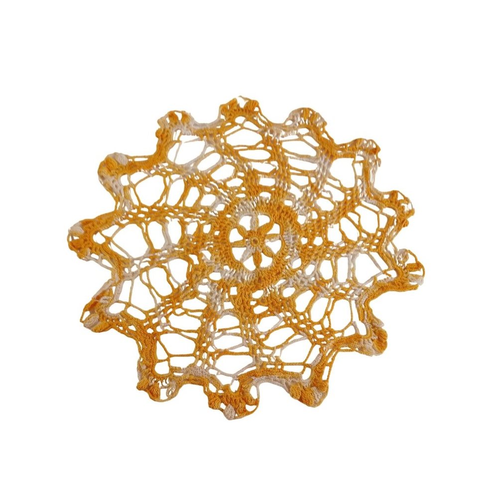 Vtg Grandma's Hand Crochet Doily Spiral Pattern 16" Handmade Varigated Yellow